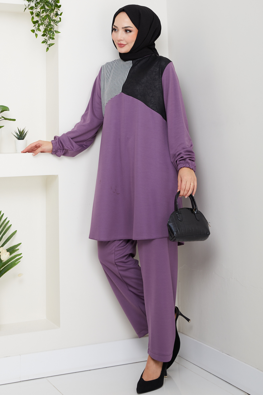 Kaz Ayağı Detaylı Tunik Pantolon İkili Tesettür Takım - Mor