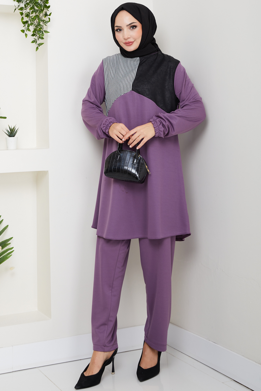 Kaz Ayağı Detaylı Tunik Pantolon İkili Tesettür Takım - Mor