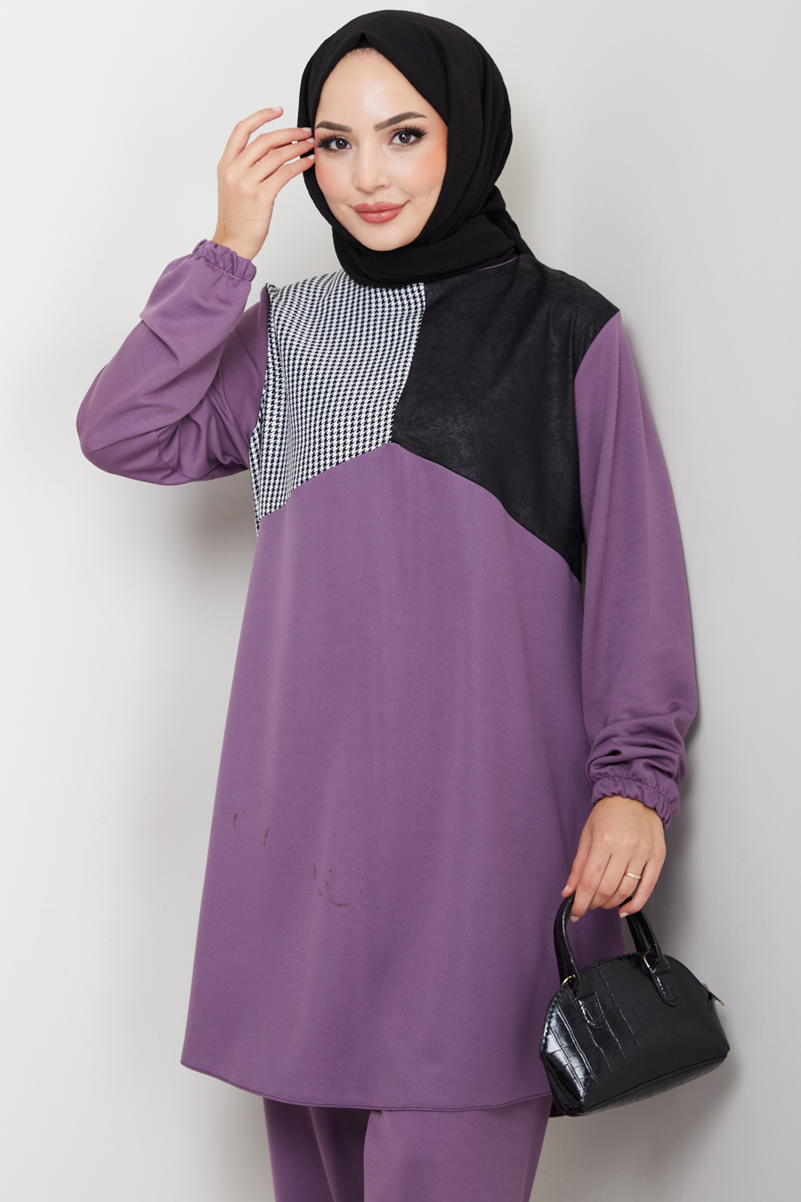 Kaz Ayağı Detaylı Tunik Pantolon İkili Tesettür Takım - Mor