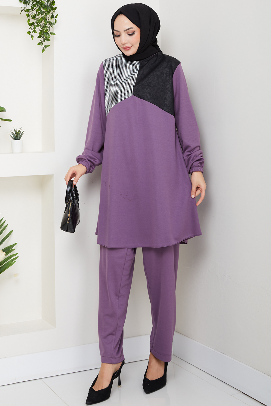 Kaz Ayağı Detaylı Tunik Pantolon İkili Tesettür Takım - Mor