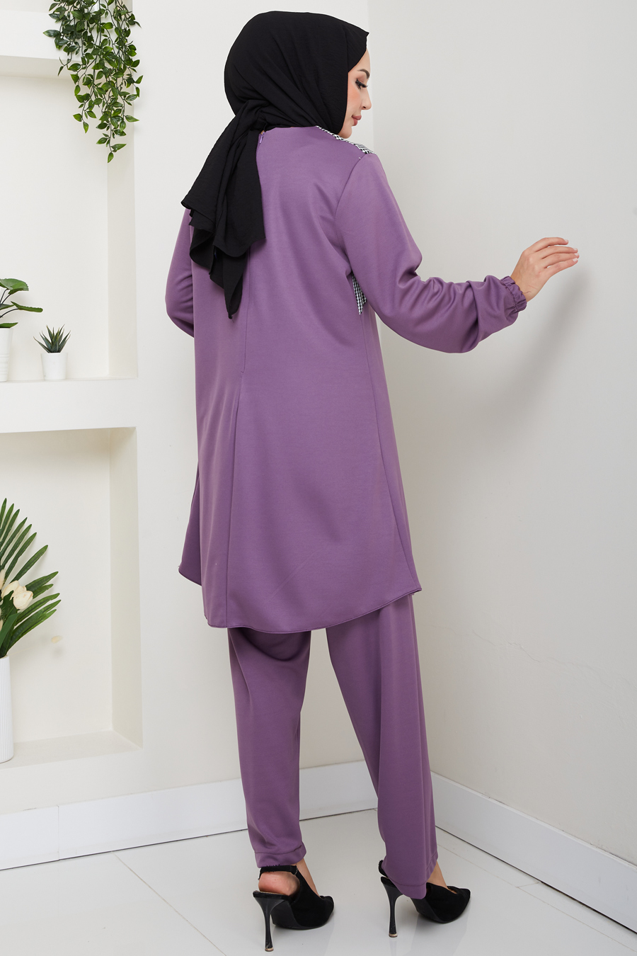 Kaz Ayağı Detaylı Tunik Pantolon İkili Tesettür Takım - Mor
