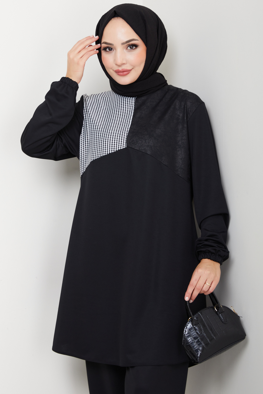 Kaz Ayağı Detaylı Tunik Pantolon İkili Tesettür Takım - Siyah