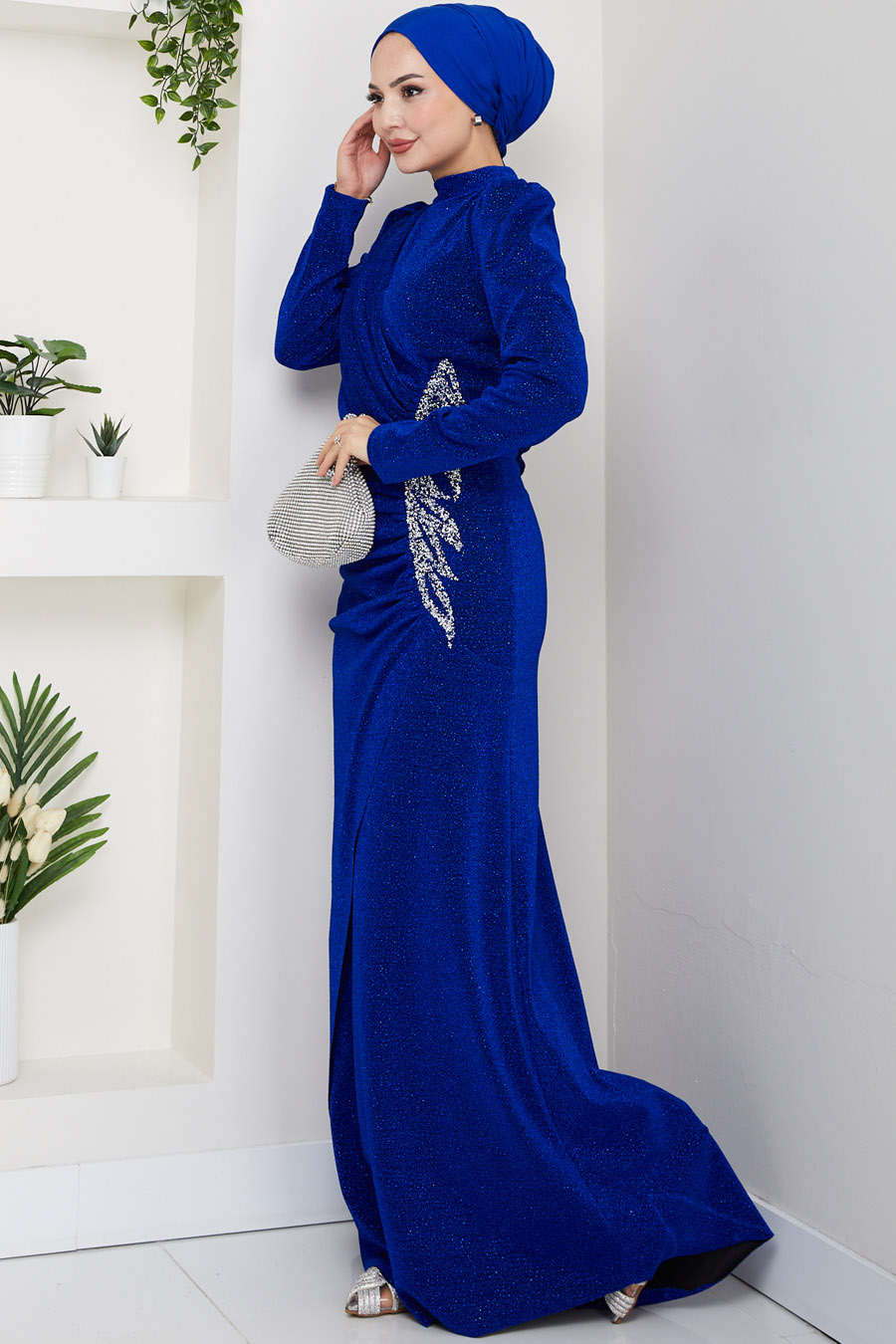 Taş Detaylı Simli Abiye Elbise - SAX
