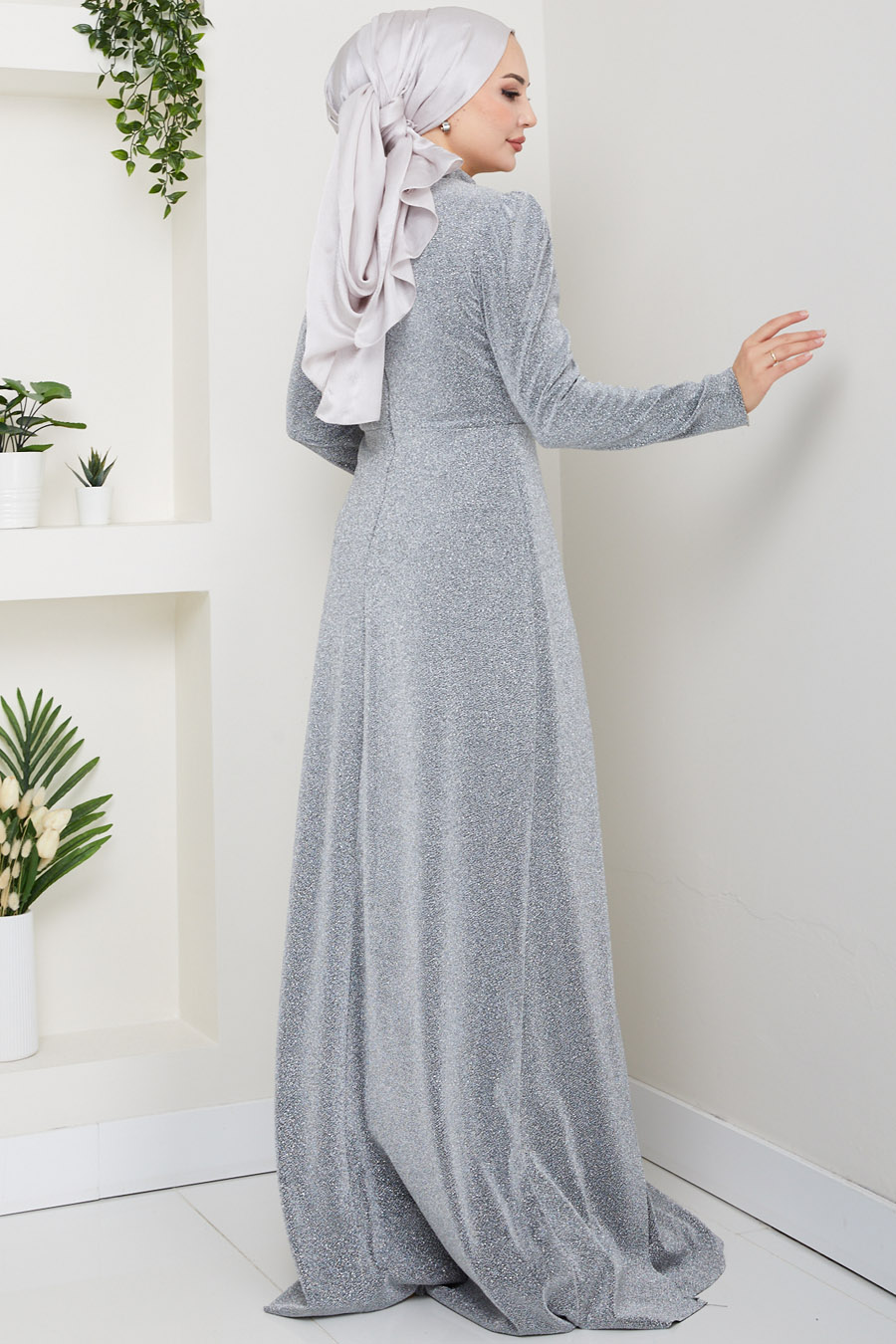 Taş Detaylı Simli Abiye Elbise -GRİ