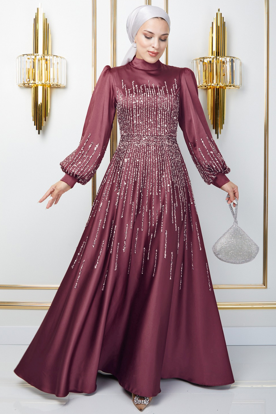 Taş Detaylı Abiye Elbise -BORDO
