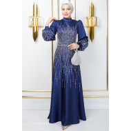 Taş Detaylı Abiye Elbise -LACİVERT