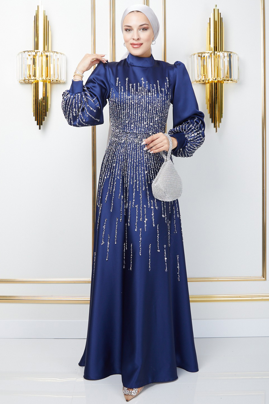 Taş Detaylı Abiye Elbise -LACİVERT