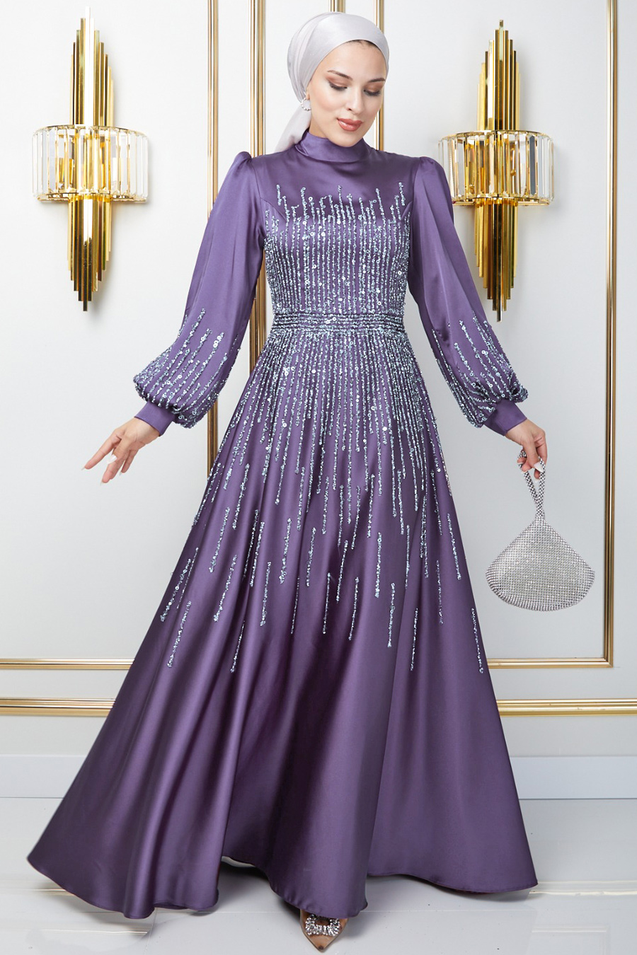 Taş Detaylı Abiye Elbise -LİLA