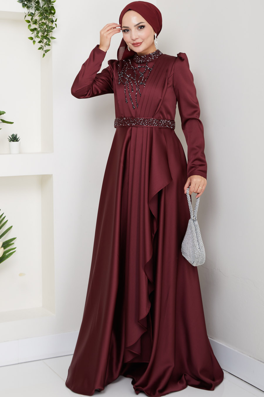 Taş Detaylı Abiye Elbise -BORDO