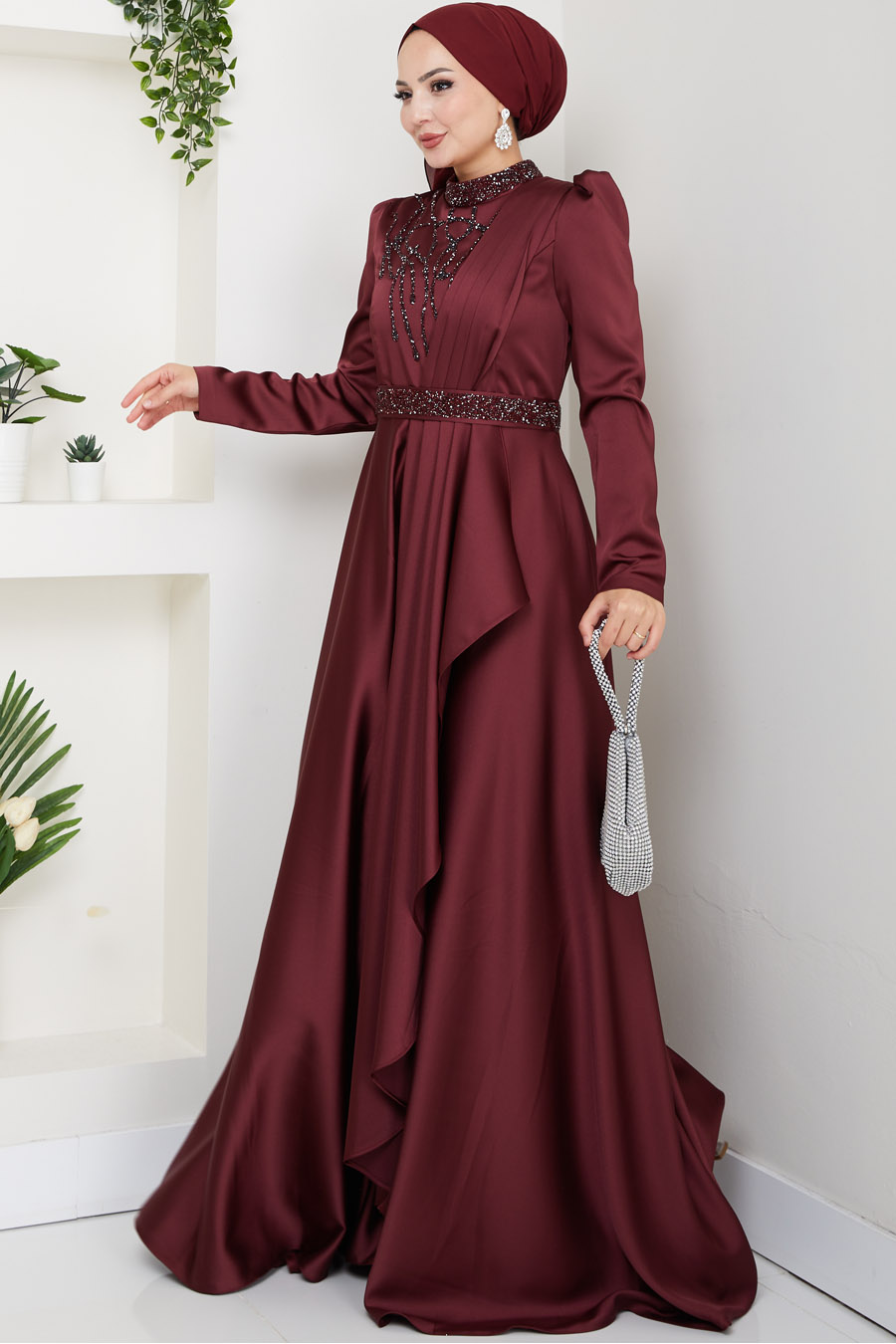 Taş Detaylı Abiye Elbise -BORDO