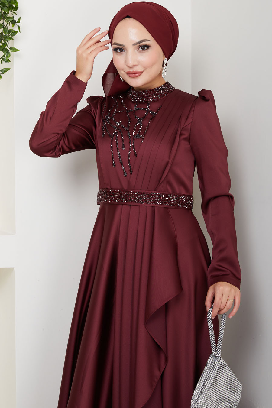 Taş Detaylı Abiye Elbise -BORDO Taş Detaylı Abiye Elbise -BORDO