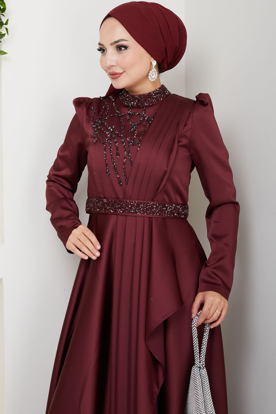 Taş Detaylı Abiye Elbise -BORDO Taş Detaylı Abiye Elbise -BORDO