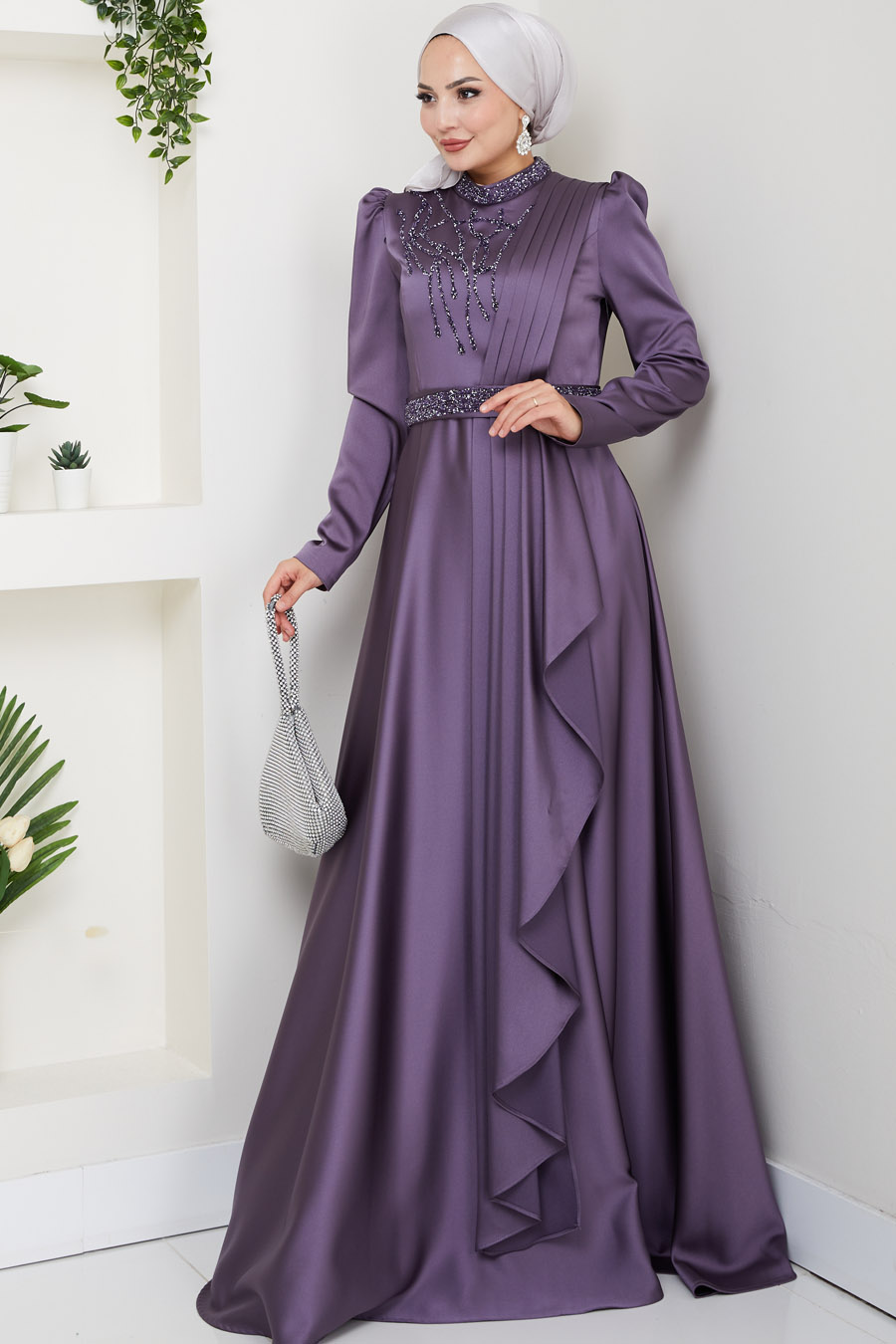 Taş Detaylı Abiye Elbise -LİLA