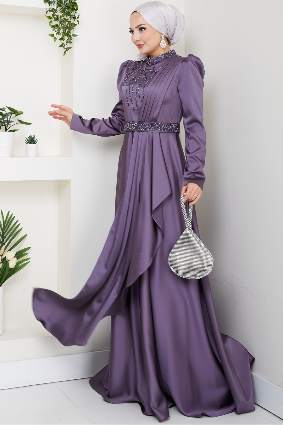 Taş Detaylı Abiye Elbise -LİLA