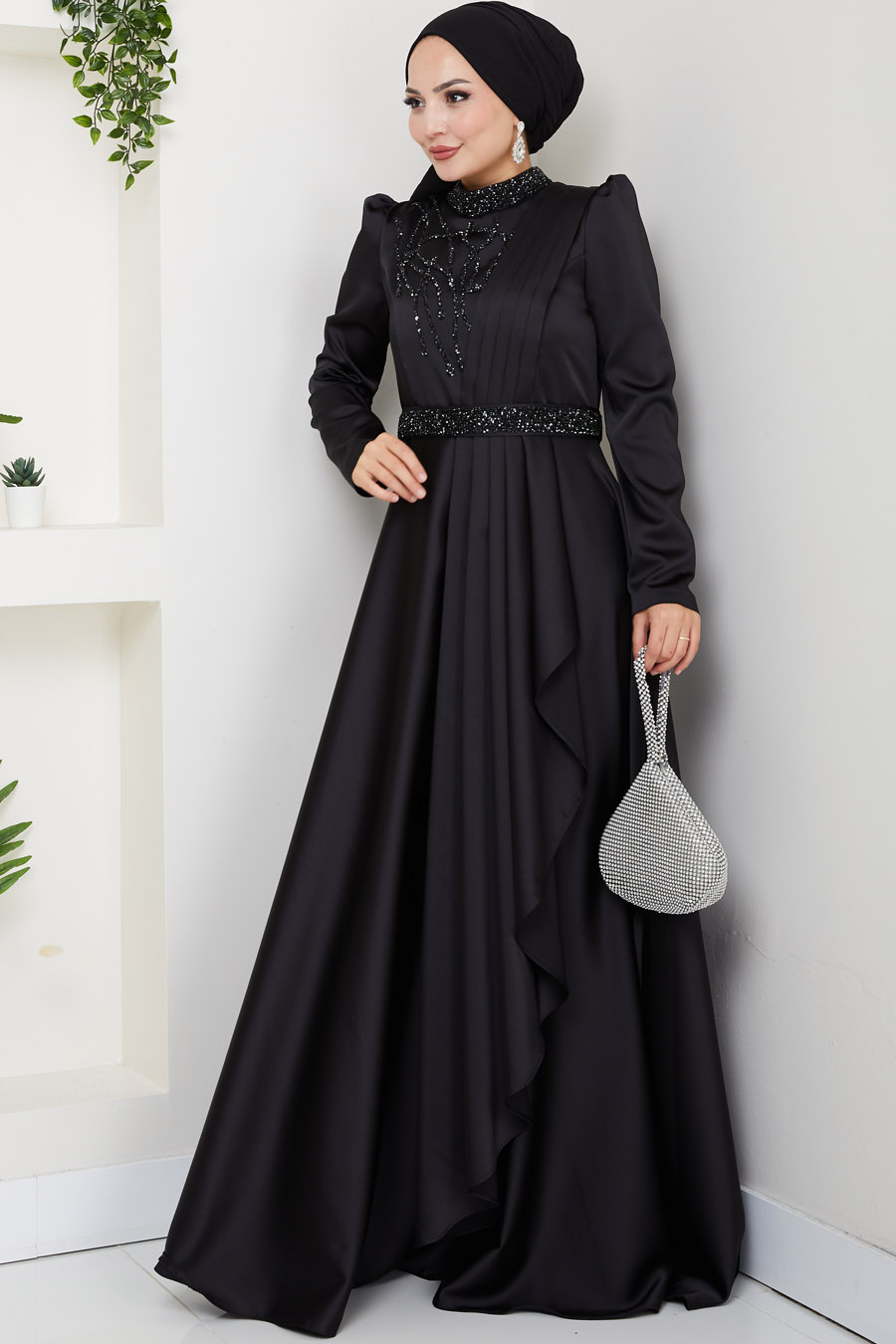 Taş Detaylı Abiye Elbise -SİYAH