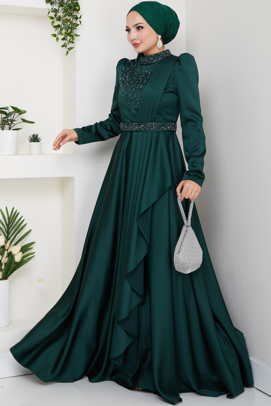 Taş Detaylı Abiye Elbise -YEŞİL