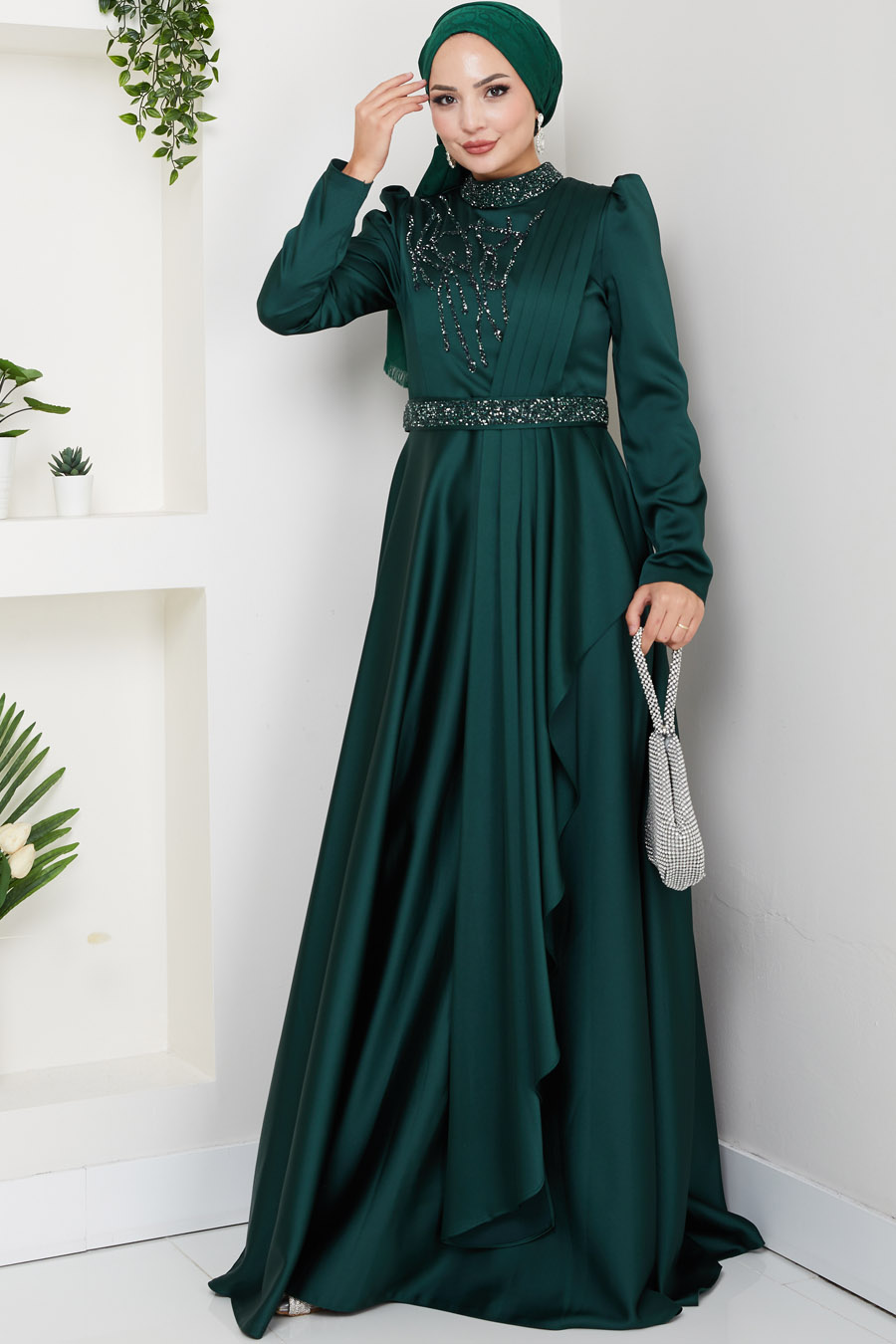 Taş Detaylı Abiye Elbise -YEŞİL