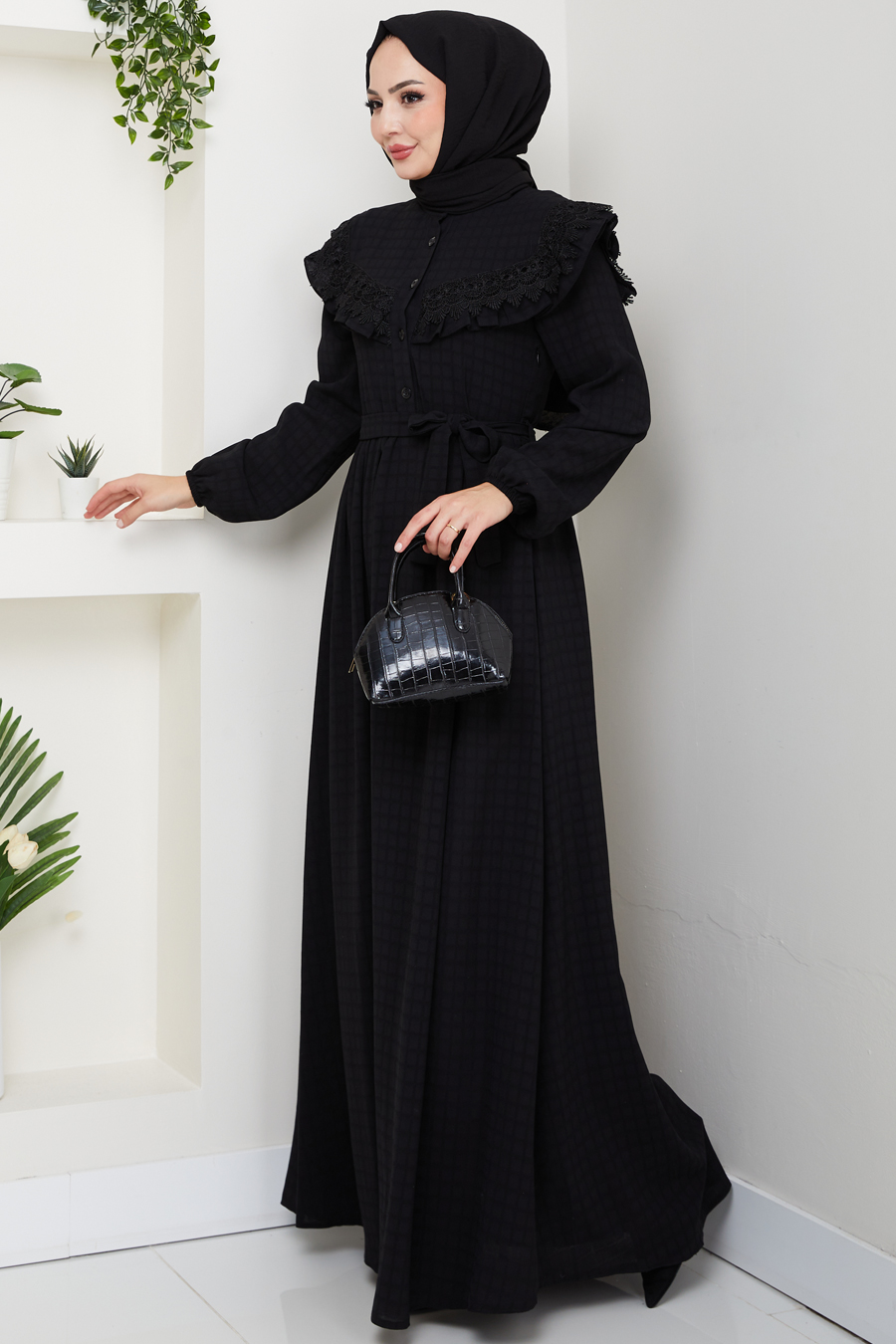 Güpürlü Tesettür Elbise - Siyah