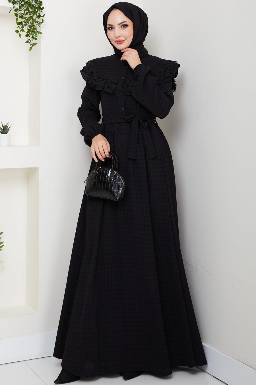 Güpürlü Tesettür Elbise - Siyah