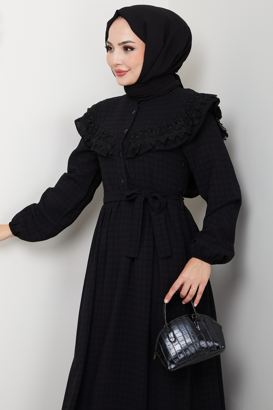 Güpürlü Tesettür Elbise - Siyah