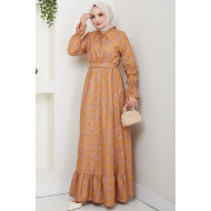 Çiçek Desenli Tesettür Elbise - Turuncu