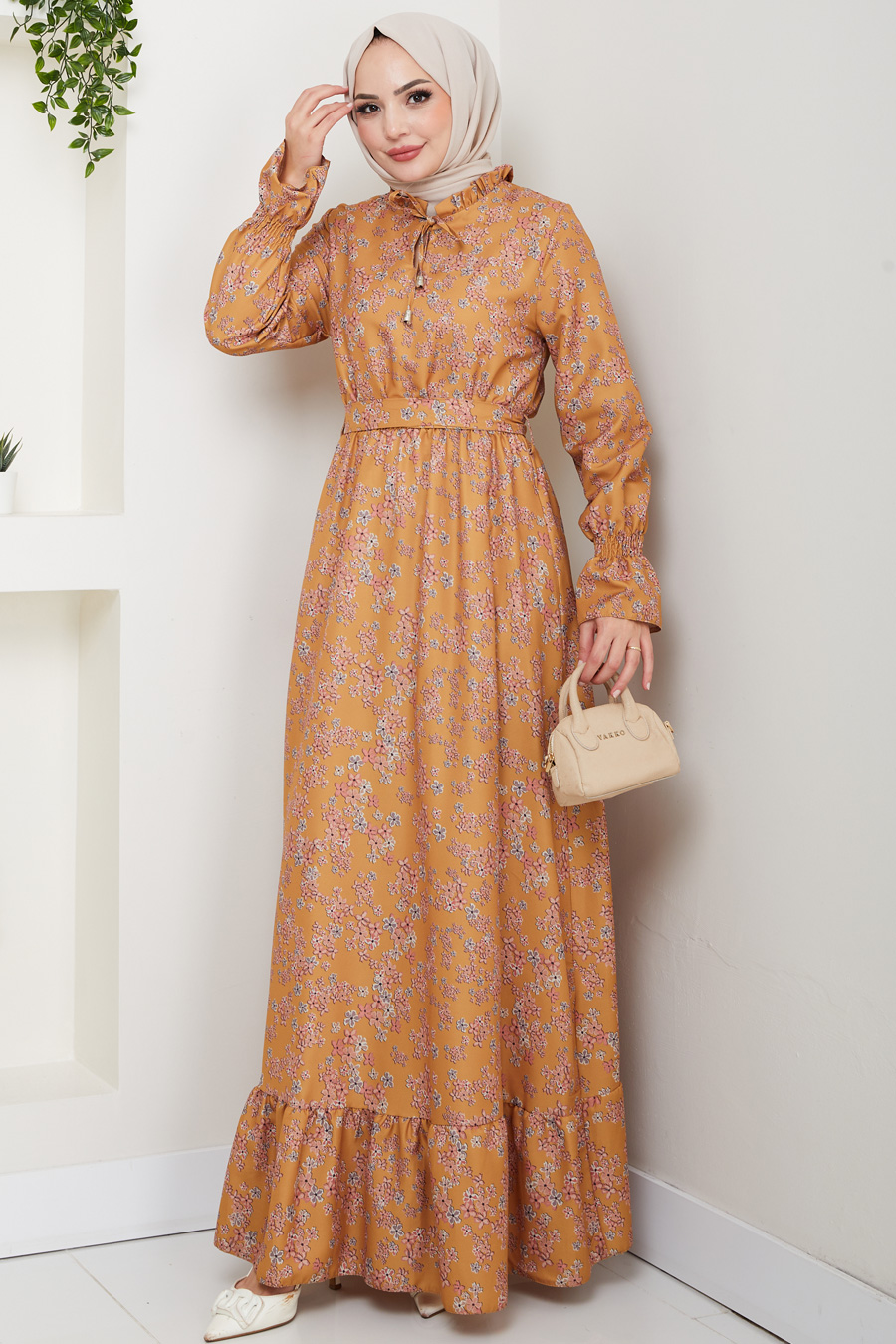 Çiçek Desenli Tesettür Elbise - Turuncu