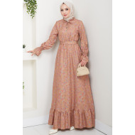 Çiçek Desenli Tesettür Elbise - Vizon