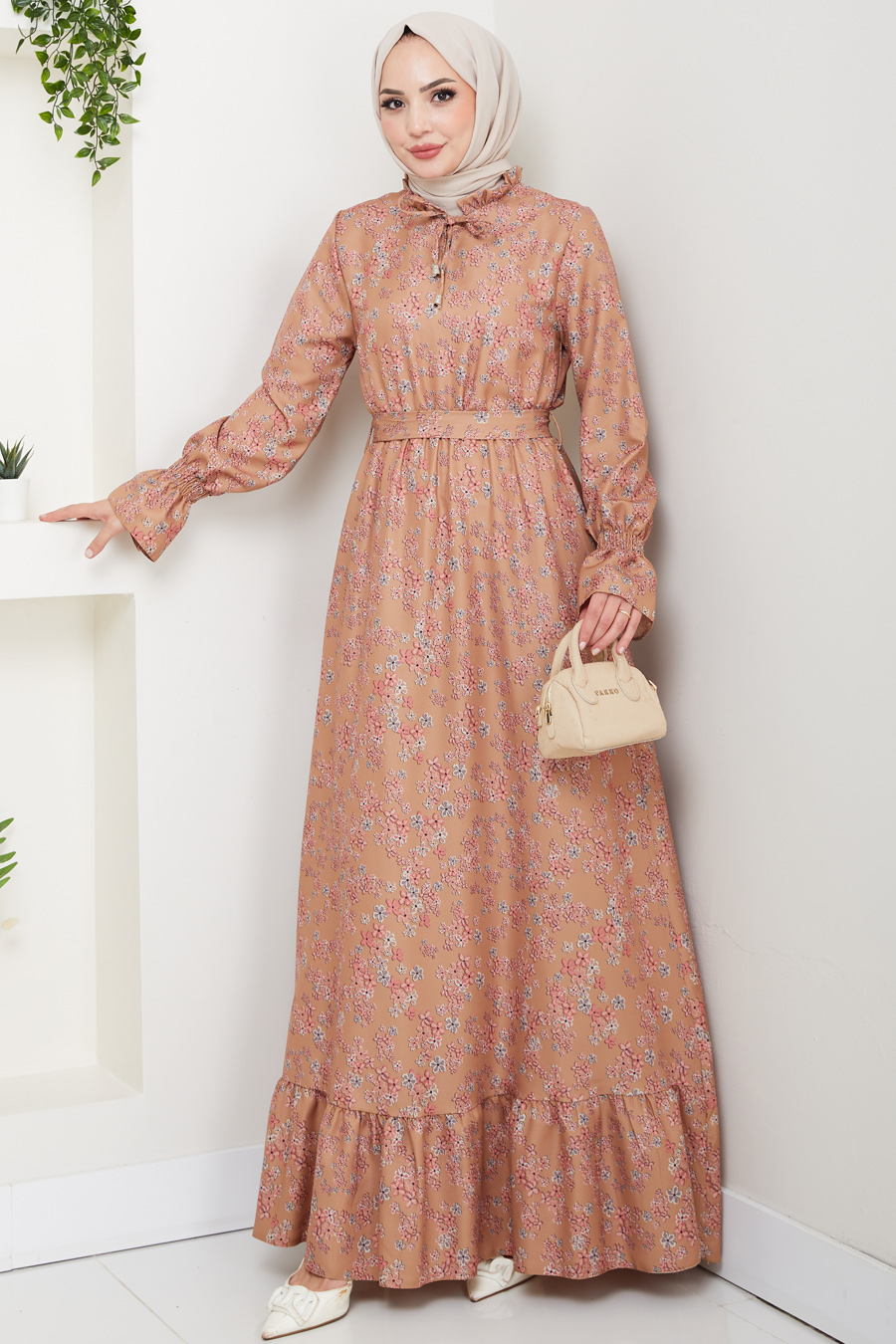 Çiçek Desenli Tesettür Elbise - Vizon