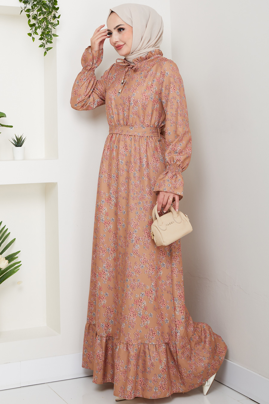 Çiçek Desenli Tesettür Elbise - Vizon