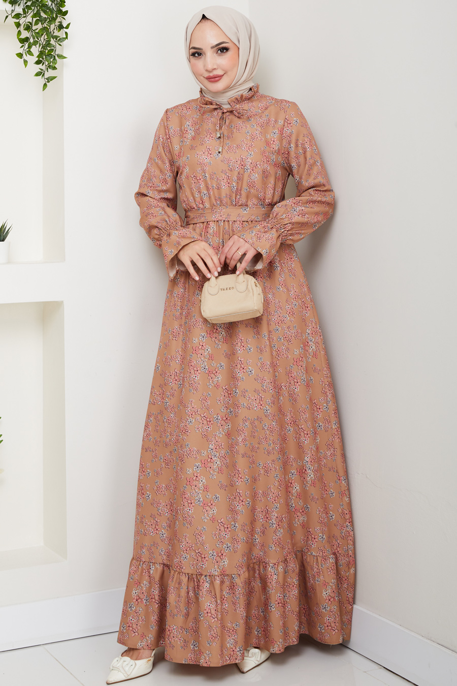 Çiçek Desenli Tesettür Elbise - Vizon