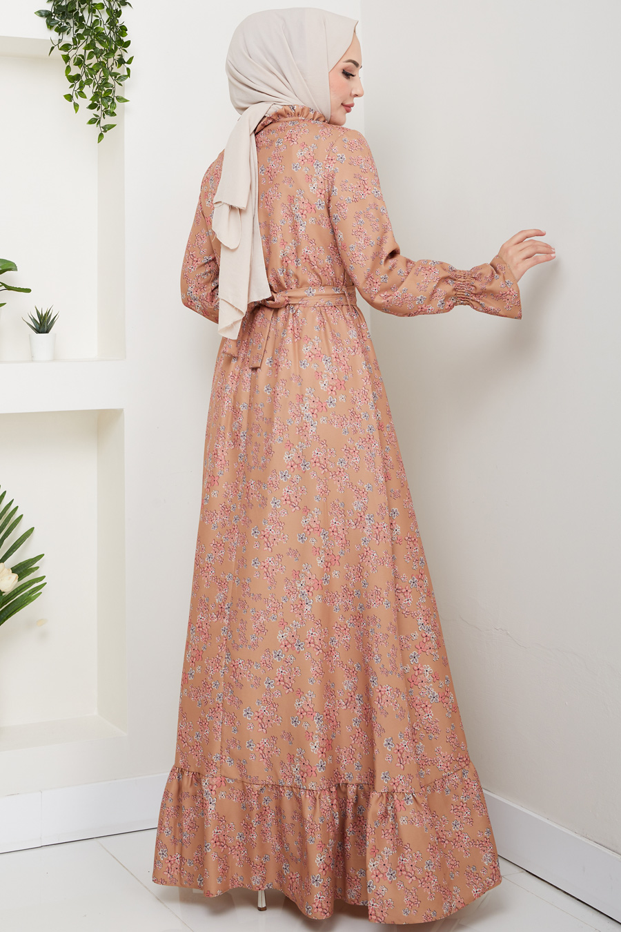Çiçek Desenli Tesettür Elbise - Vizon