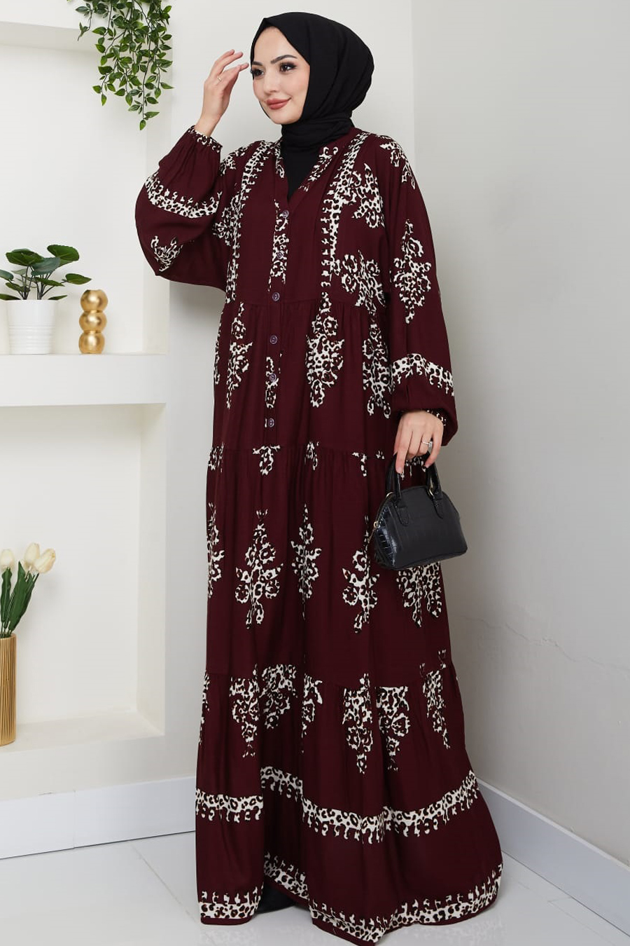 Desenli Tesettür Elbise - BORDO