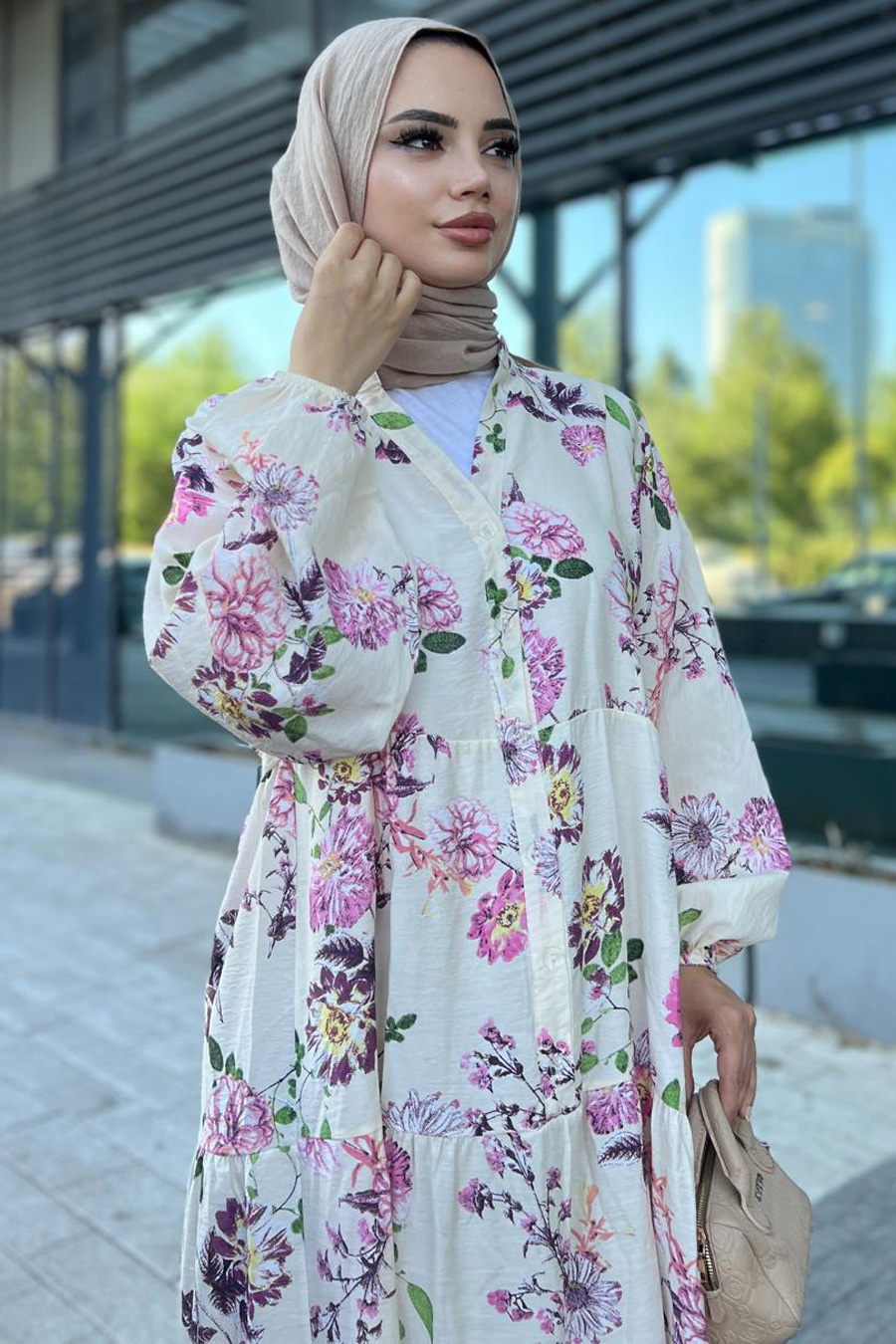 Desenli Tesettür Elbise - PEMBE
