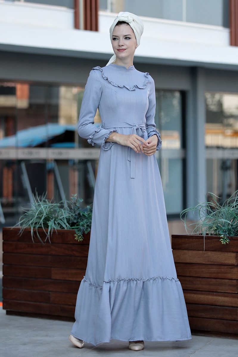 Selma Sarı - Fırfırlı Elbise - Mavi