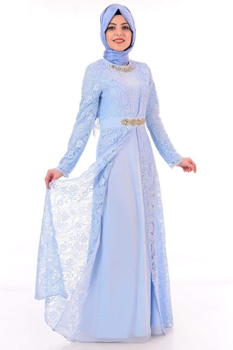 Buz Mavisi Tesettür Abiye Elbise