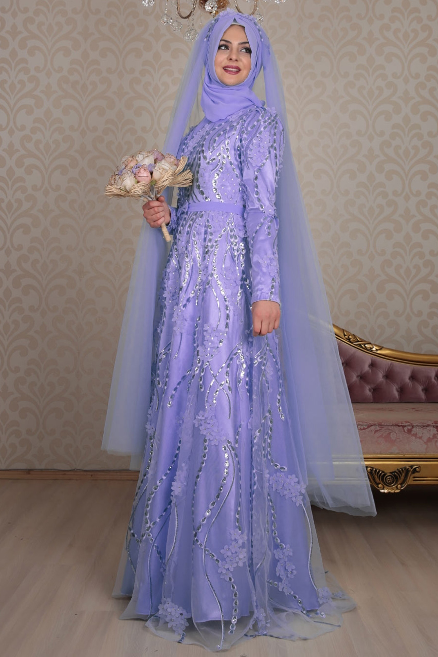 Pınar Şems Lila Buket Tesettürlü Abiye Elbise