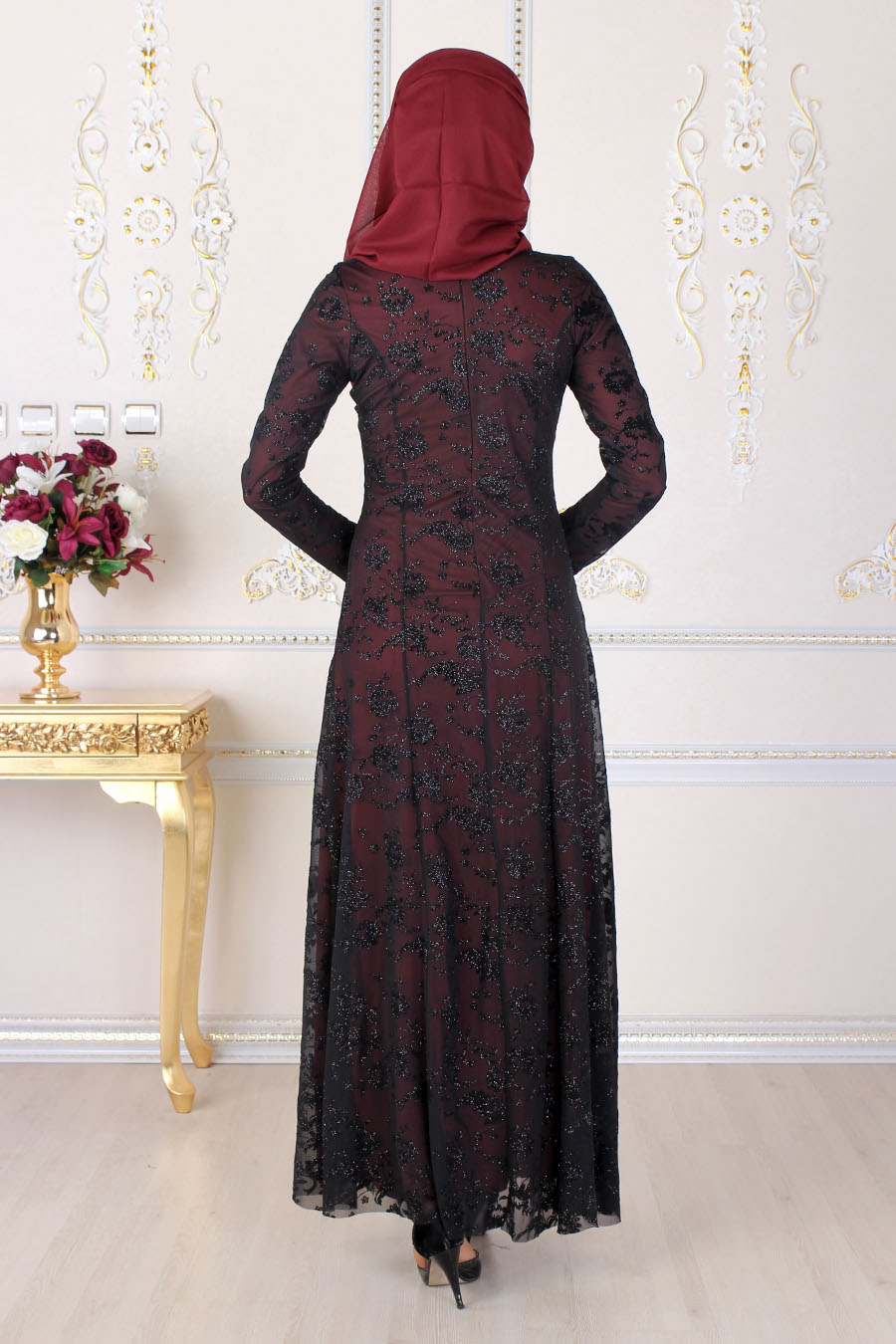 Kabartma Desenli  Tesettür Abiye Elbise - Kırmızı