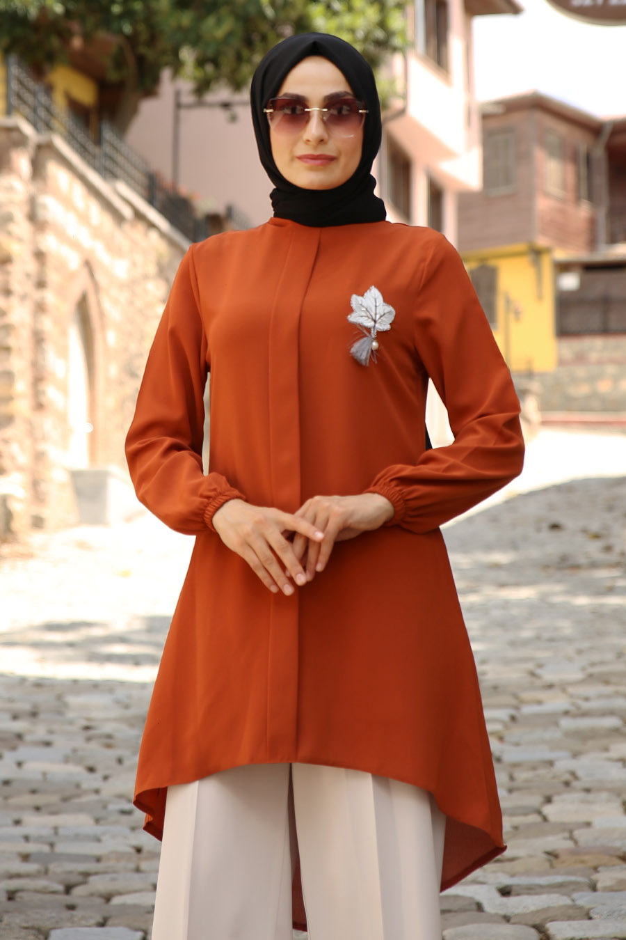 Asimetrik Kesim Tunik ve Pantolon - İkili Tesettür Takım - Kiremit