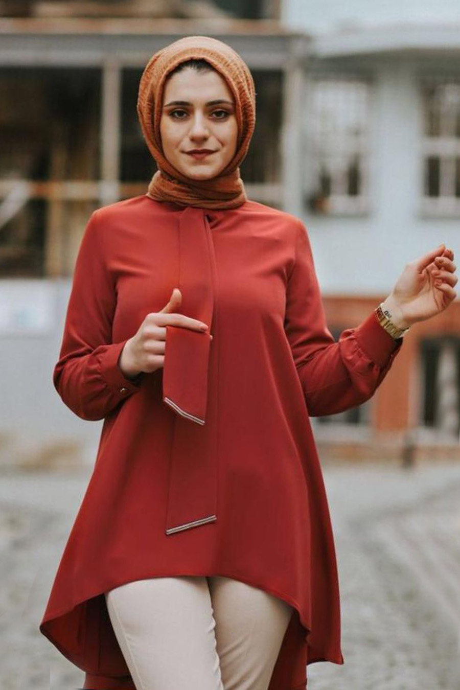 Asimetrik Kesim Tesettür Tunik - Kiremit Asimetrik Kesim Tesettür Tunik - Kiremit