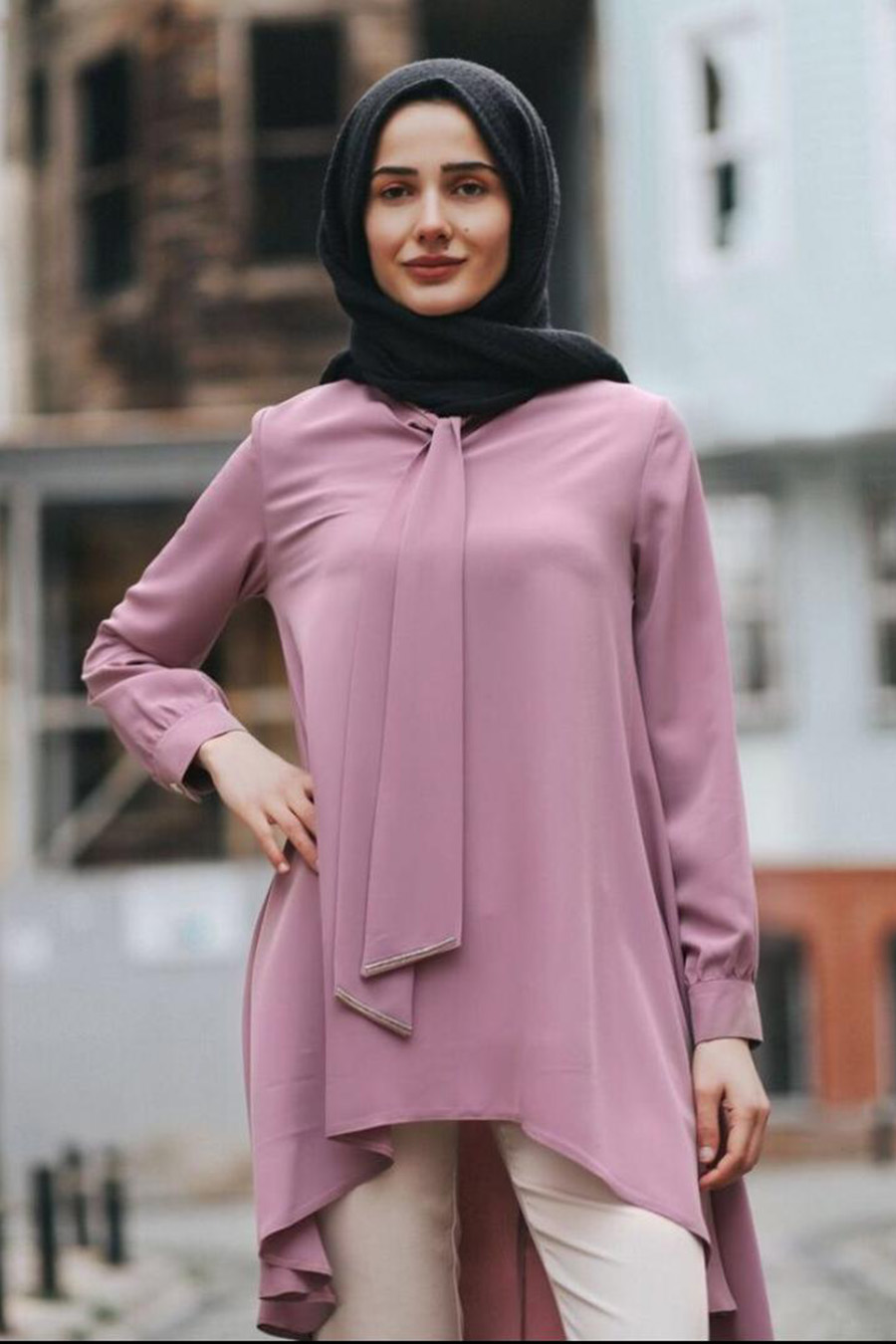 Asimetrik Kesim Tesettür Tunik - Pudra Asimetrik Kesim Tesettür Tunik - Pudra