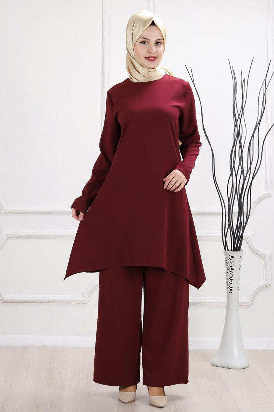 Asimetrik Kesim Tunik ve Pantolon - İkili Tesettür Takım - Bordo