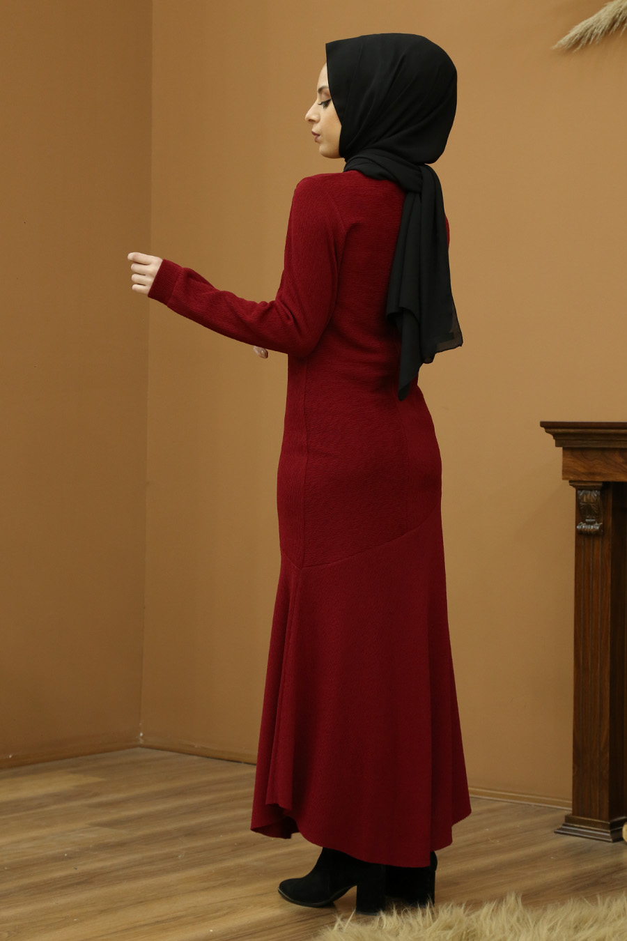 Asimetrik Model Tesettür Elbise - Bordo