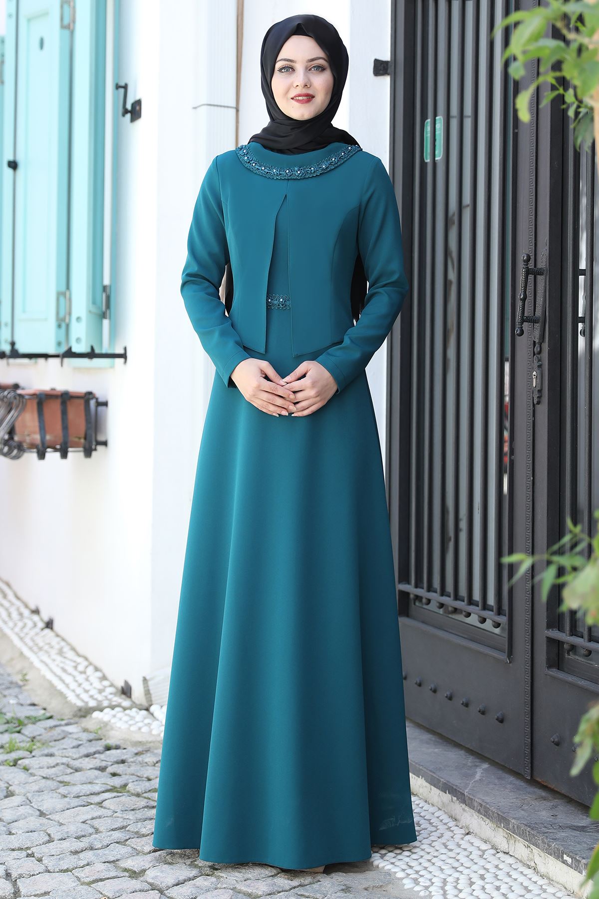 Ayliz İnci Detaylı Tesettür Elbise - Yeşil