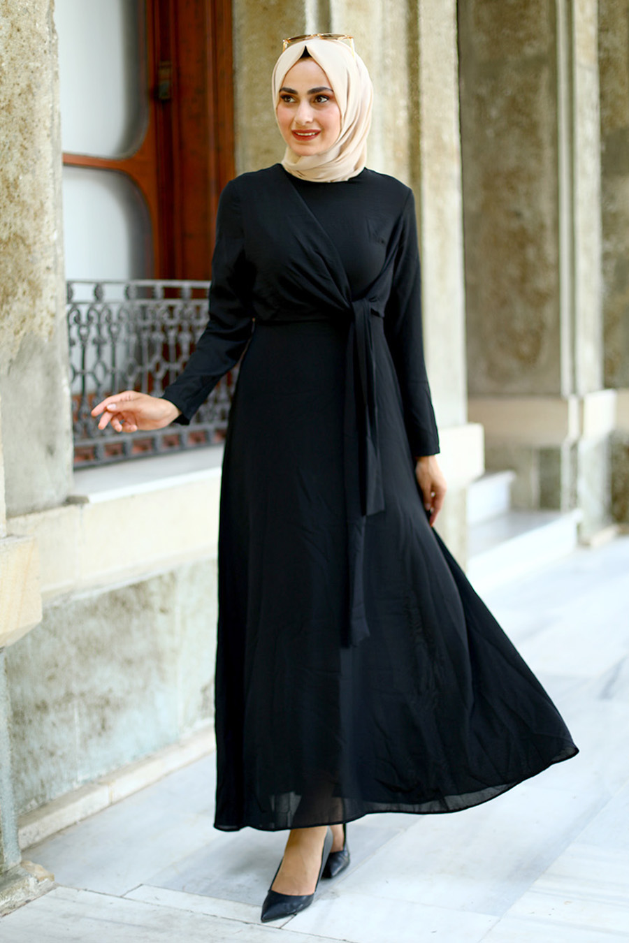 Bağlama Detaylı Tesettür Elbise - Siyah 