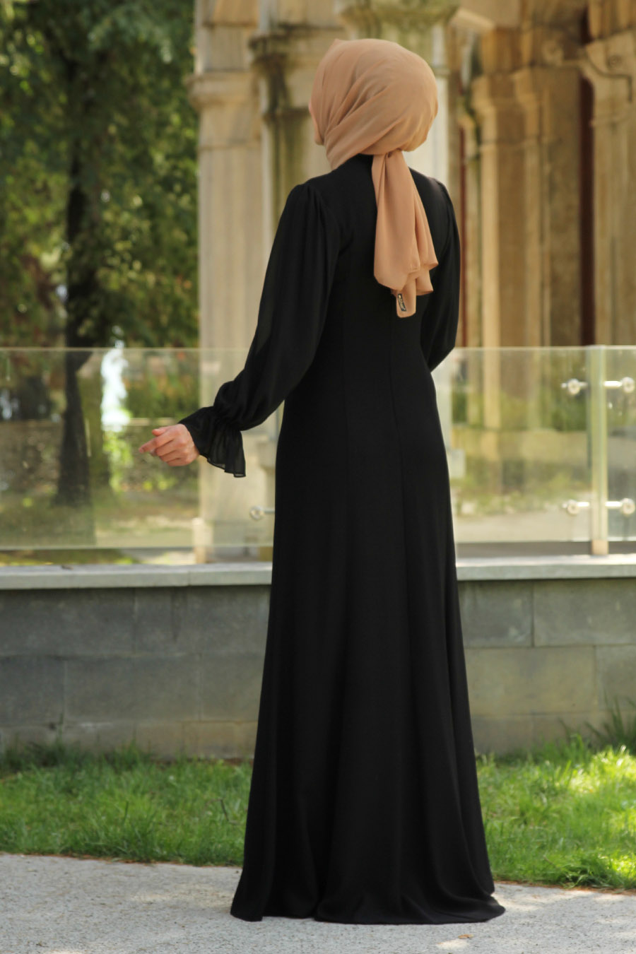 Balon Kol Tesettür Abiye Elbise - Siyah