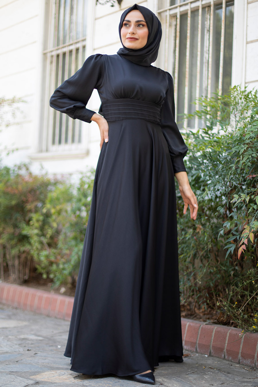 Belden Drapeli Tesettür Abiye Elbise - Siyah