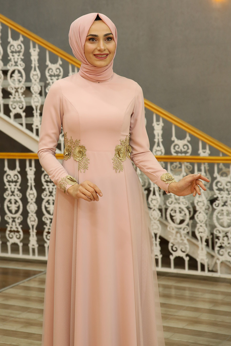 Tesettür Abiye Elbise - Pudra