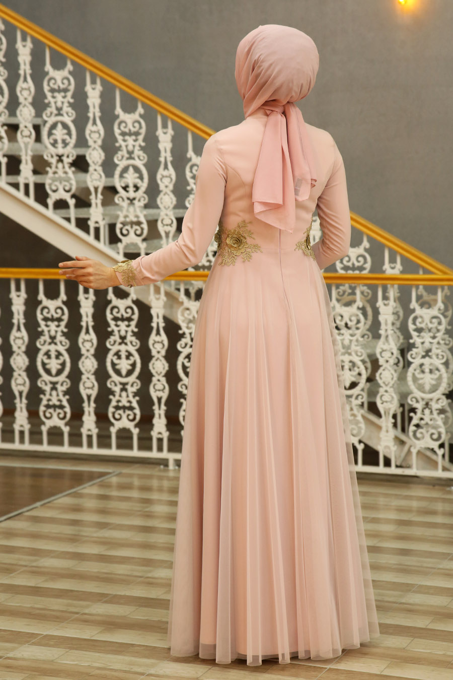 Tesettür Abiye Elbise - Pudra