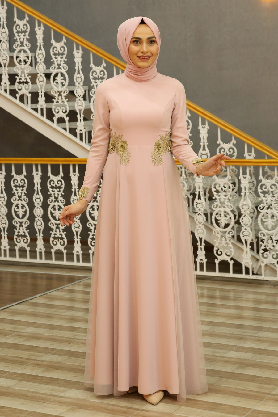 Tesettür Abiye Elbise - Pudra