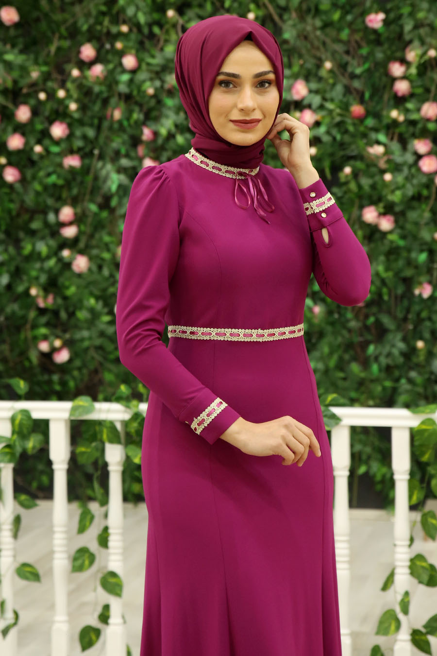 Beli Dantelli Tesettür Abiye Elbise - Fuşya Beli Dantelli Tesettür Abiye Elbise - Fuşya